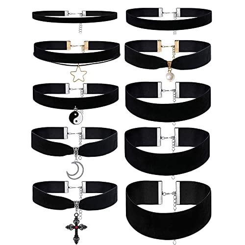Ximeo 10Pcs Black Velvet Choker Necklace For Women Girls - Gothic Velvet Collar Choker Moon Star Cross Pendant Plain Wide Necklace Jewelry Gift #TOP9