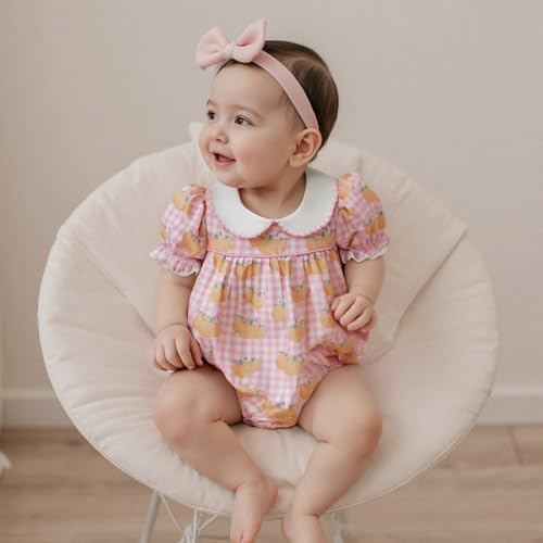 woshilaocai Baby Girl Pumpkin Romper Doll Collar Plaid Jumpsuit Infant Halloween Smock Bubble Bodysuit2