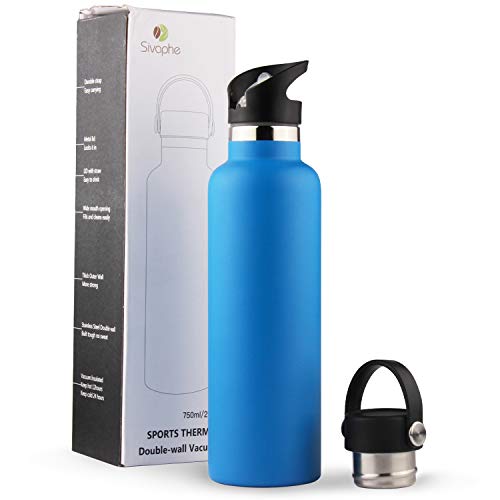 Sivaphe étanches Bouteilles isothermes Gourde d'eau INOX Réutilisable Acier Inoxydable Double paroi 750ml pour Hommes Sport Camping Randonnée randonnée Voyage Yoga Running Blue