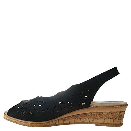 Spring Step Orella Slingback Sandals for Women - Leather Sandals with Adjustable Straps - Women's Sandals with Geometric Laser-Cut Detail - Black Nubuck EU 40 / US 94