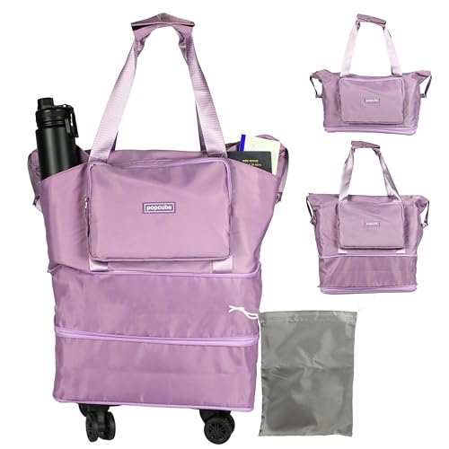 Image of POPCUBE Premium Foldable Duffle Bag for Travel for Women-Folding Bags for Travelling-Travel Bag for Women-Multipurpose Foldable Bags for Travelling. (Style 3 with Wheels, Purple)