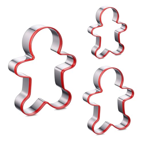 3 Pcs Gingerbread Man Cookie Cutters, Stainless Steel Christmas Cookie Cutter with Red Environmental PVC Gingerbread Biscuit mold for Baking