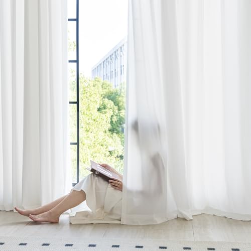 JOLLADE Non-See-Through White Privacy Semi Sheer Curtains That Let Light in 84 Inches Long Light Filtering Sheer Window Curtains Drapes for Living Room Bedroom 2 Panels Set White