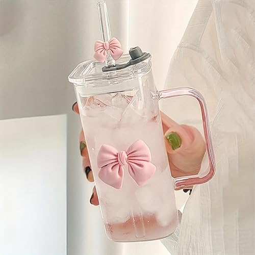 YINXIANJIN 13Oz Square Glass Cups with Lids and Straws,Heat Resistant Glass Tumbler with Handle Bow Knot Transparent Drinking Glasses for Water,Juice,Iced Coffee,Milk,Tea (pink)