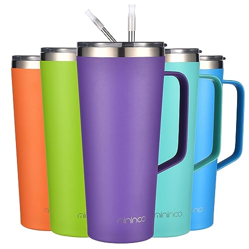 mininoo 30 oz Tumbler with Handle, Insulated Travel Coffee Mug with Lid and Straws, Stainless Steel Coffee Tumbler Leak-proof (Purple) 30 Ounces 30 oz Purple