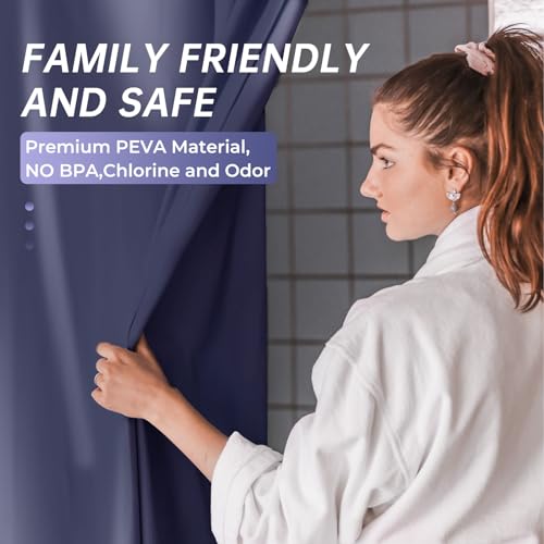 Image of AmazerBath Navy Blue Shower Curtain, Thick PEVA, Heavy Duty Waterproof 72x72 with 3 Weighted Stones and 12 Grommets