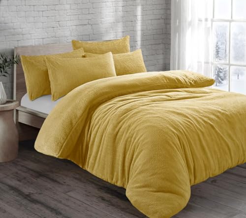 Velvet Stitch Teddy Fleece Duvet Cover with Pillow Case Plain Thermal Fluffy Warm Cosy Super Soft Bedding Set (Super King, Ochre)