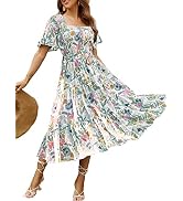 Amegoya Women's Boho Flowy Long Sleeve Square Neck Floral Midi Dress Smocked Spring Fall Wedding ...