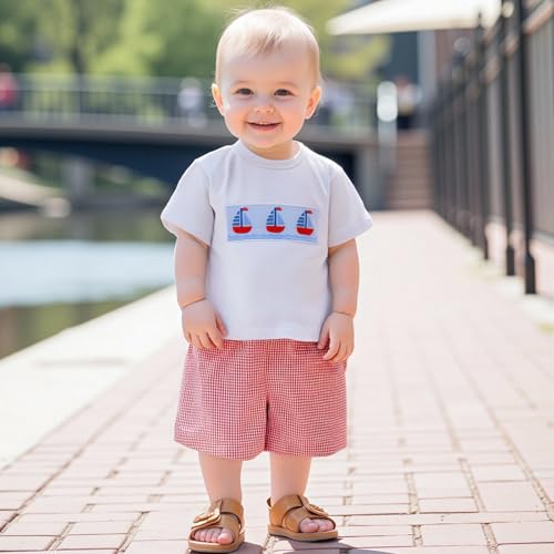 Image of 4th Of July Toddler Boy Outfit Popsicle American Flag T-Shirt and Gingham Plaid Shorts Set Independence Day Clothes