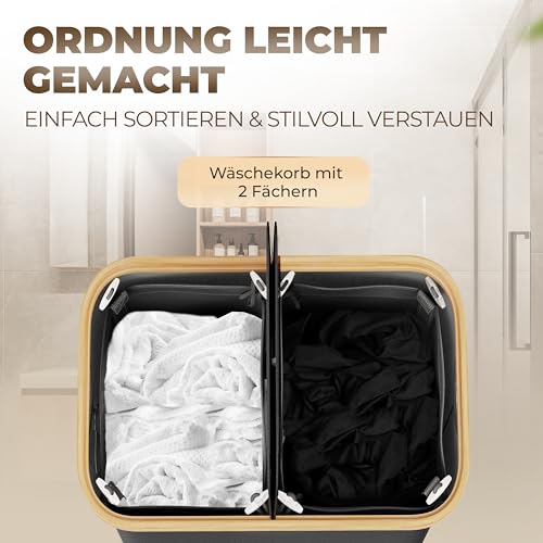 Wäschekorb 150L mit 2 Deckeln und 2 Fächern – Faltbarer Wäschesammler aus Bambus-Stoff Dunkelgrau – Wäschebox, Wäschetruhe, Wäschebehälter, Wäschetrenner für Bad, Schlafzimmer & Waschküche