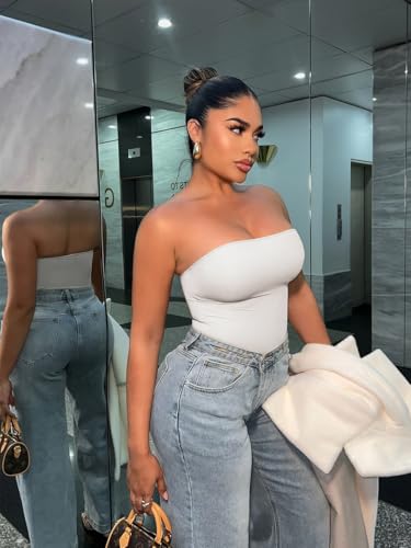 Women's Strapless Tube Bodysuit Double Lined Slim Fit Backless Thong Bodysuits Tops4