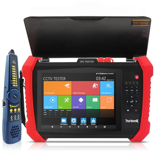 Rsrteng CCTV Tester 8K 32MP 12MP IP Camera Test POE++ Max 90W POE Camera Tester 4K 8MP TVI/CVI/AHD/SDI/CVBS WiFi Network Tools Cable Test Distance Meter 2CH SFP Port HD VGA DC Power Output