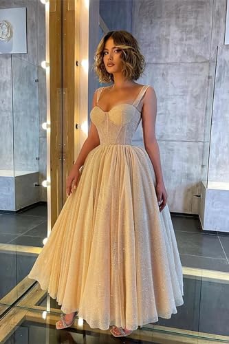 POMUYOO Women's Glitter Tulle Prom Dress 2025 Long Ball Gown Spaghetti Straps Formal Evening Dresses YG2962