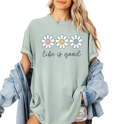 Life is Good Daisy Design - Womens Comfort Colors - Orchid Purple Retro Floral Positive Quote Graphic Tee (US, Alpha, X-Large, Regular, Regular, Bay)