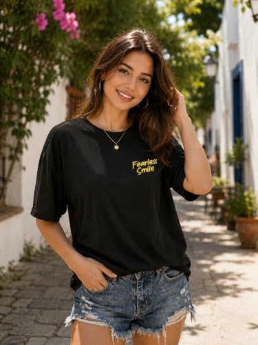 Image of London Hills Oversized Tshirt for Woman | t Shirt for Woman Oversized Fit Printed Round Neck | Tops for Woman's | Women t Shirt Loose Fit Drop Shoulder | t Shirts for Women | Western Tops