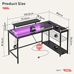 132 cm L-förmiger Schreibtisch mit Steckdosen & LED-Beleuchtung, umkehrbarer Eckschreibtisch mit Regalen, großer PC-Arbeitsplatz mit Haken für Home Office und Schlafzimmer – Bild 3