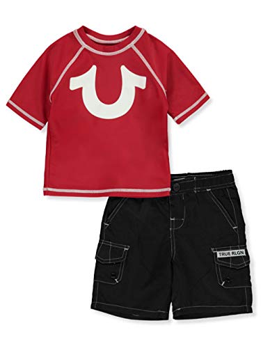 True Religion Boys' Rash Guard and Cargo Swim Shorts Set UPF 50 (Red, 18 Months)