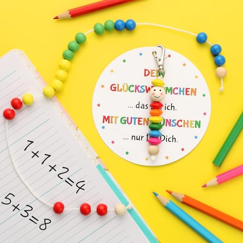 BOFUNX Einschulung Geschenke Glückswürmchen Schlüsselanhänger + Glückskarte + Rechenkette Schulkind Personalisiert Geschenk Schulanfang Glücksbringer Schultüte Füllung
