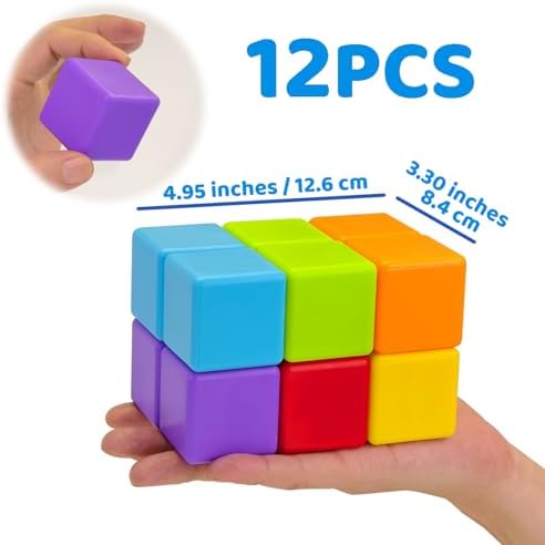 Magnetic Building Blocks Large, 1.65 inch Magnetic Stacking Cubes for Toddlers, Sensory & Montessori Toys for Boys & Girls 1 2 3 Years Old (12 PCS) - 3
