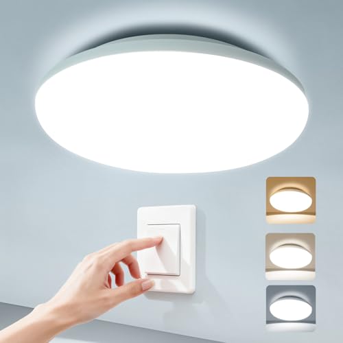 WARMELLE Bathroom Light,22W 3080LM LED Ceiling Light,3000K/4000K/6500K,IP65 Waterproof, by Wall Switch 3CCT,No Flicker,CRI>80,Ceiling Lighting for Bedroom, Hallway, Kitchen and More - Ø28cm Round
