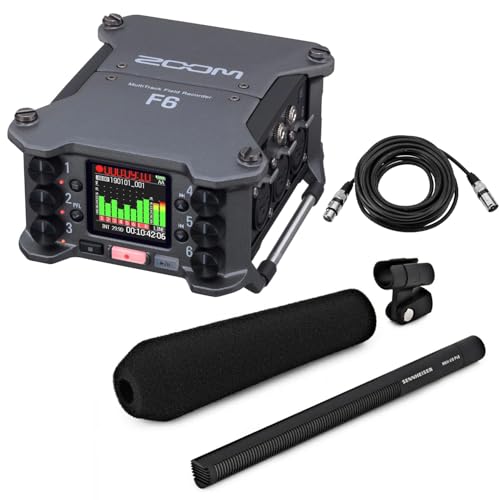 Sennheiser MKH-416 Short Shotgun Interference Tube Microphone - with Zoom F6 Multi-Track Field Recorder - H&A 25' Microphone Cable Male XLR to Female XLR