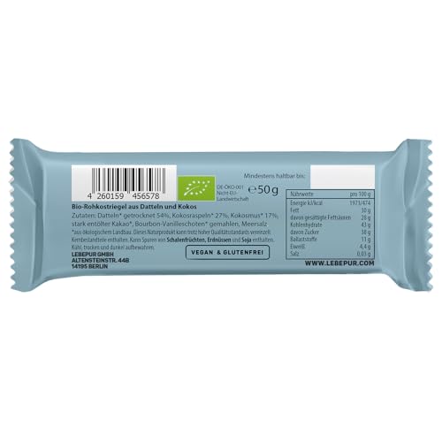 Lebepur Bio Energieriegel Coconut Cream 15x50g | veganer Riegel auf Dattelbasis I Kokosflocken, Vanilleschote, Kakao | ohne Zuckerzusatz | glutenfrei | laktosefrei | Paleo | Power Bar | Big Box