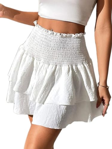 Seiveini Femme Mini Jupe à Volant Élégant Plissée Court Taille Haute d'Été Casual A-Ligne Couleur Unie Multicouches Boho Chic Mode A Blanc S
