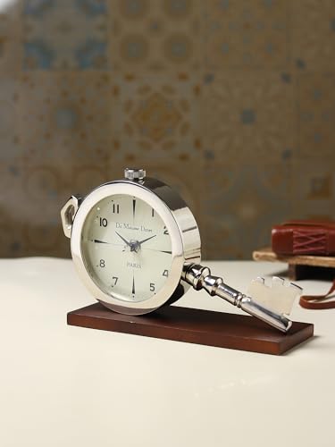 Image of Decor de Maison Handcrafted Areios Analog Table Clocks, Cute Simple Design Small Desk Clock,Silent Non-Ticking, Battery Operated, Key Design, for livingroom, Decor, in Silver 26CM