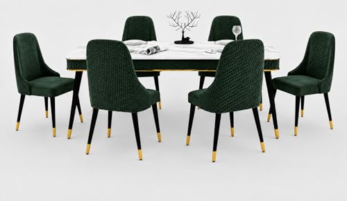 Image of WOODEN SPACE 6-Seater Wooden Dining Table Set | Nano Composite Marble Top | Solid Wood Base | Modern Dining Room Furniture with 6 Chairs (Dark Green Modern Vento)