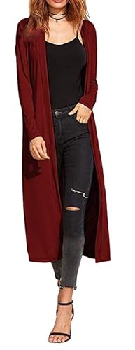 GOSTYLES® Womens Maxi Long Boyfriend Cardigans, Ladies Full Sleeve Collared Top Open Front Cardigan Coat (Wine, 20-22)