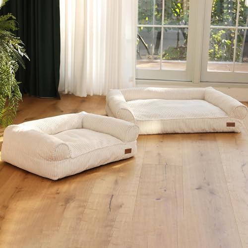 FUKUMARU Hundebett für große Hunde, Flauschiges & Katensofa mit wasserabweisender TPU-Schicht, Cordstoff, Waschbar und rutschfest, Abnehmbarer Reißverschlussbezug, 93 x 63 x 22 cm, Creme