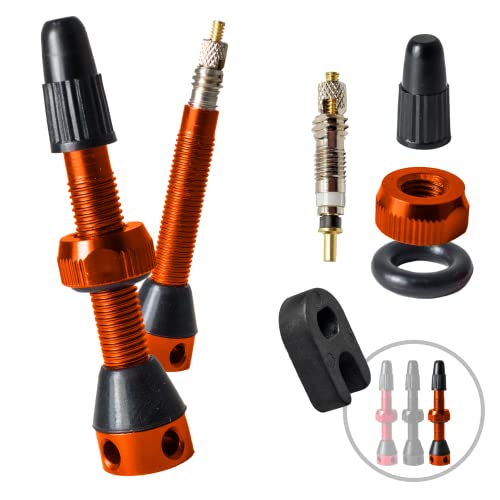 CLASK Kit 2 Válvulas Tubeless MTB 40mm anti-obstrucción con aleación ligera y resistente + Núcleos de válvula fina + Llave extracción obus presta (tapón, tuercas y juntas incluidos) (Naranja)