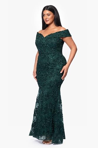 Image of Xscape Women's Plus Size Off The Shoulder Sequin & Lace Overlay Evening Gown with Sweetheart Neckline, Sheath Formal Dress, Hunter Green, 20W