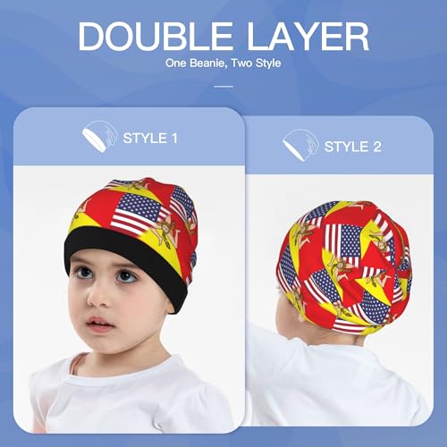 American Flag and Sicilian Flag Kids Leisure Elastic Knitted Hat Junior Large Size Knit Cap Child Beanie Black3