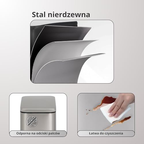 Vidacharmy - Kosz na śmieci 10 l, kosz do recyklingu - Stal nierdzewna zapobiegająca odciskom palców - Cicha i miękka pokrywa, kosz na śmieci do kuchni i łazienki, 20 worków na śmieci