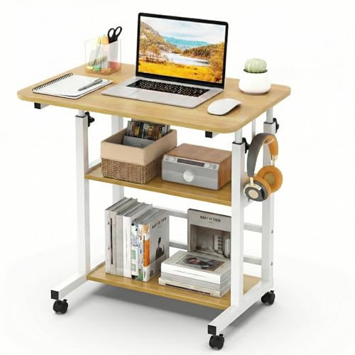 Bureau Informatique Mobile Réglable en Hauteur 56–82 cm, Table d’Ordinateur 80 x 40 cm avec 3 Niveaux de Rangement, 4 Roulettes Verrouillables, Table d’Appoint...