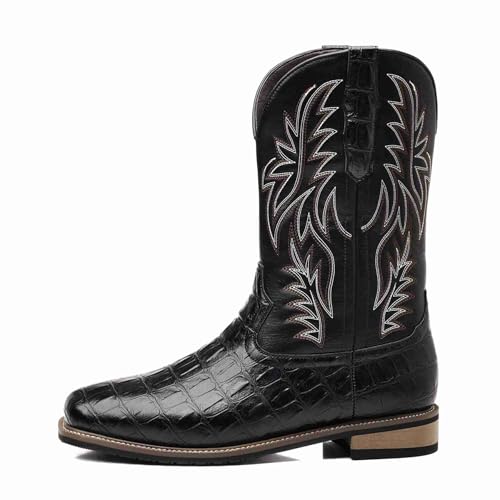 Men's Crocodile Embossed Western Boots, Square Toe Cowboy Boots for Men, Motorcycle Boots with Embroidery, Fashion Western Work Boots for Daily Riding Casual Wear