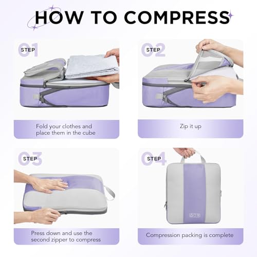 Image of OlarHike 8 Set Compression Packing Cubes for Travel Essentials,Compressible Expandable Space Saver Bags for Organizing Clothes,Luggage Suitcase Garment Bags with Over 1000 pcs Mesh Holes(Purple Gray)