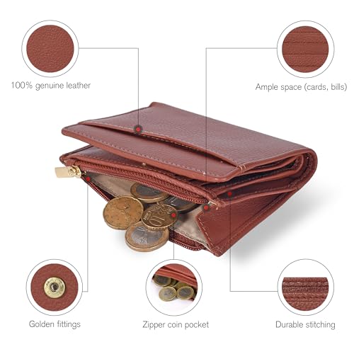 Image of Oak Leathers Leather Wallet For Women - Small RFID Coin Purse Credit Card & ID Holder for Ladies, Gift for Women's, Bifold Wallets (Nappa Cognac)