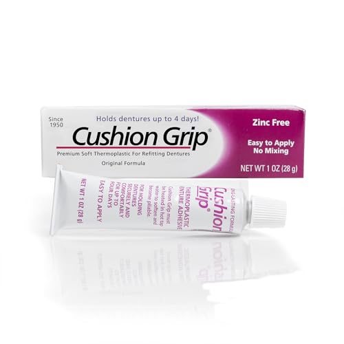 Cushion Grip Thermoplastic Denture Adhesive 1oz–Extra Strong Hold Up to 4 Days, Unmatched Strength, Waterproof & Zinc Free, Relieves Sore Gums, Comfortable Refit, Long Lasting, Acts as Soft Reliner