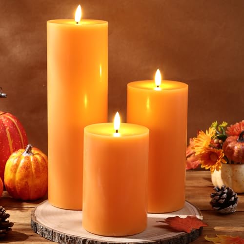 Image of Retisee 3 Pcs 6 /8 /12 Inches Orange Flameless LED Candles with Remote and 2 /4 /8h Timer Battery Operated Wax Flickering Candles for Fall Gatherings, Thanksgiving Harvest Pumpkin Seasonal Home Decor