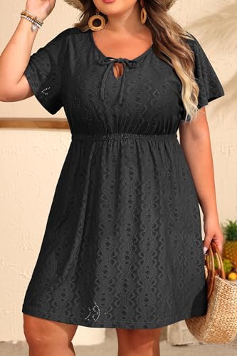 Plus Size Swimsuit Cover Up - Eyelet Casual Beach V Neck Short Sleeve Bathing Suit Coverup Dress for Women Summer4