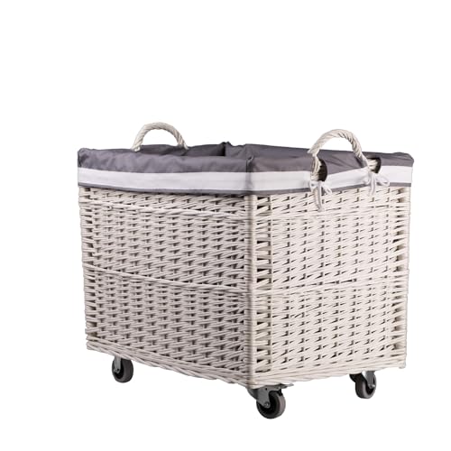 e-wicker24 Coffre de rangement, Panier à linge rectangulaire, panier en osier blanc avec roulettes et doublure en tissu, malle rangement osier,corbeille,...