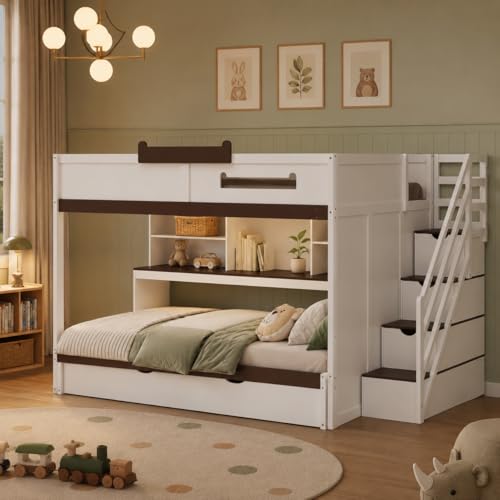 Image of Merax Full Over Full Wood Bunk Bed with Twin Size Trundle with Stairs & Hidden Storage & Shelves, Built-in 3-in-1 LED Lights, Multi-Level Storage Hub, Space-Saving Bedroom Furniture, White+Brown