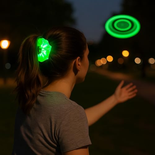 Scrunchie verde tela satinada con tres modos de luz intermitente 4