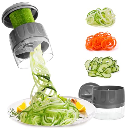 3-in-1 Vegetable Spiralizer Slicer, Adjustable Mandoline Spiral Cutter for Zucchini Noodles, Carrots, Cucumber (Grey)