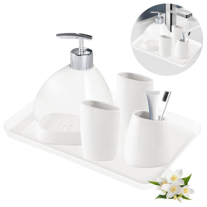 Bathroom Accessories Set, 6Pcs Ceramics Bathroom Set, 2 Mouthwash Cup, Toothbrush Holder, Soap Dish, Soap Dispenser Pump - Image 2