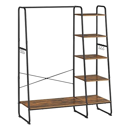 VASAGLE Clothes Rack with Shoe Shelf, 5-Tier Storage Rack, 6 Side Hooks