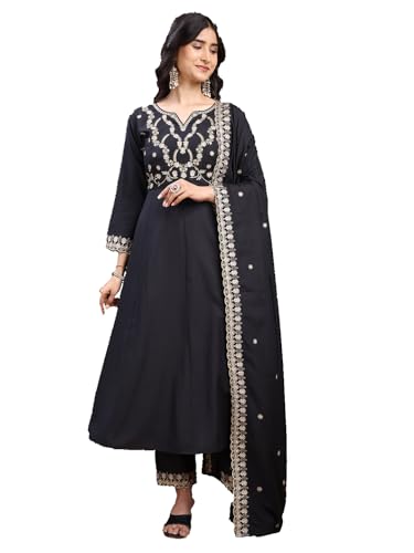 Ensemble kurta pour femmes avec pantalon et dupatta en soie noire taille S