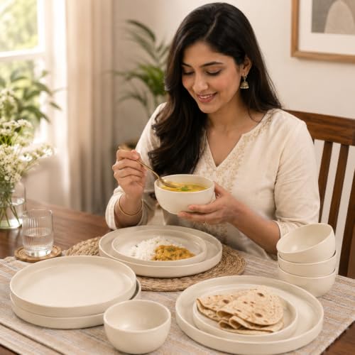 Image of MARKET 99 Heavy-Duty Matte Minto Cream Sparkle Dinner Set - 12 Pcs | Premium Melamine Dinnerware with 4 Full Plates, 4 Side Plates & 4 Bowls | Stylish Tableware for Daily Meals, Kitchen Decor